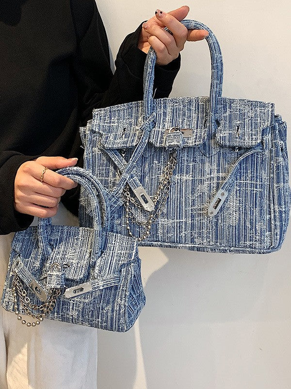 Women's Denim Retro Distressed Portable Platinum Large Bags