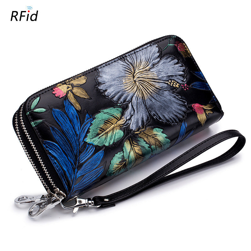 Women's Genuine Leather Large Capacity Painted Double Zipper Long Multiple Slots Ladies Wallet