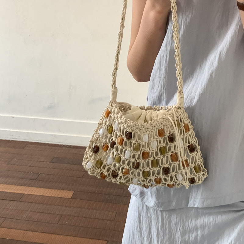 Handmade Wax Rope Woven Portable Beaded Women's Shoulder Bag