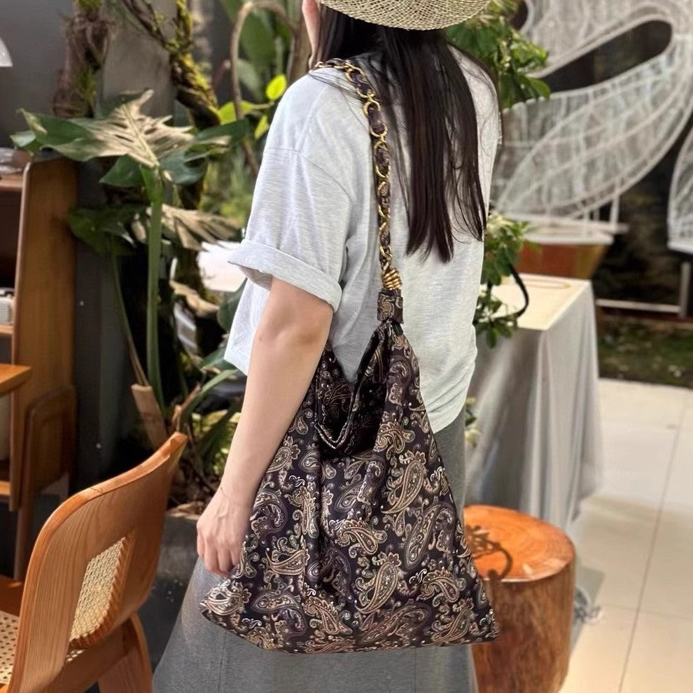 Women's Silk Scarf Cashew Pattern Underarm Chain Stitching Satin Large Capacity Tote Bags