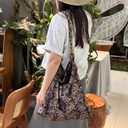 Women's Silk Scarf Cashew Pattern Underarm Chain Stitching Satin Large Capacity Tote Bags