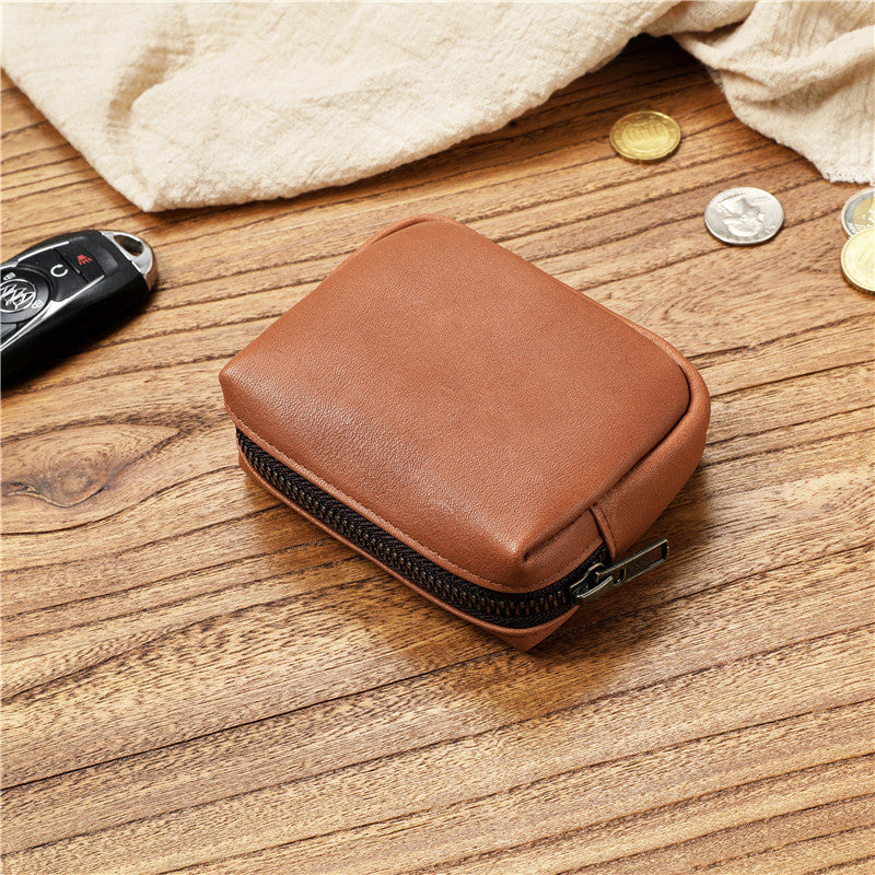 Women's & Men's Cowhide Handmade Zipper Leather Three-dimensional Storage Men's Wallet