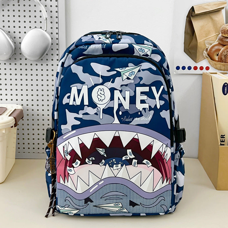 Shark Head Personality Cartoon Printed Early College Student Schoolbag