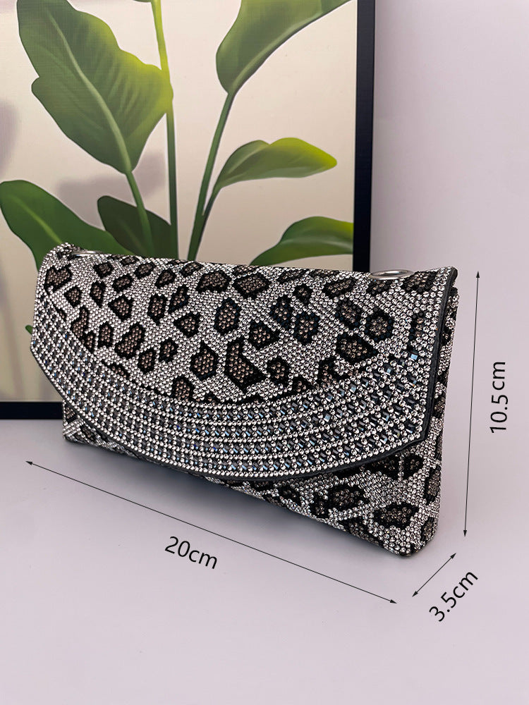 Women's Leopard Print Full Diamond Clutch Banquet Shoulder Bags