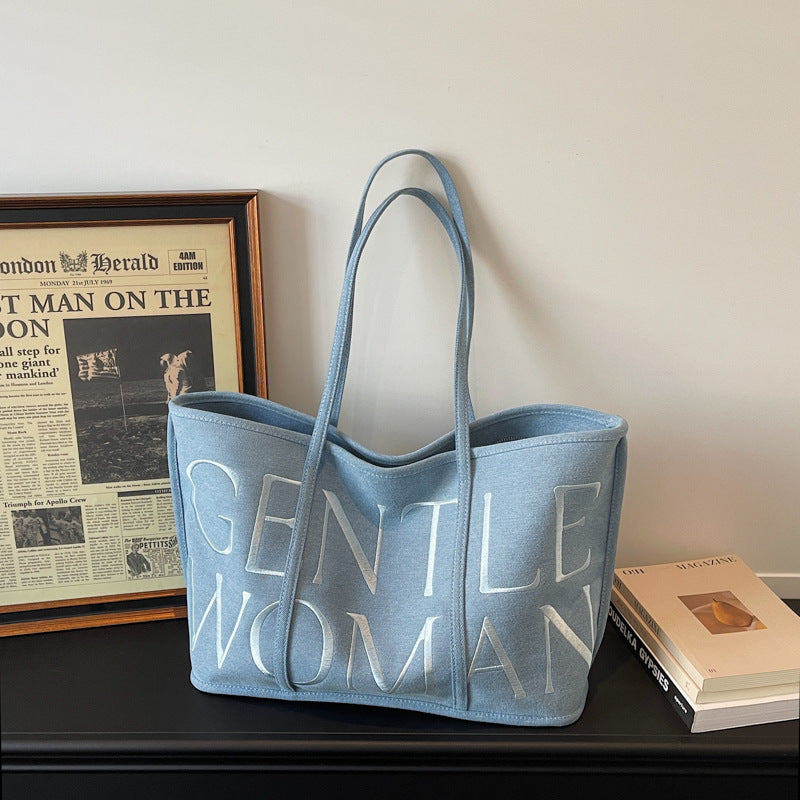 Women's Thai Letter Denim Embroidered Commuter Portable Women's Shoulder Bag