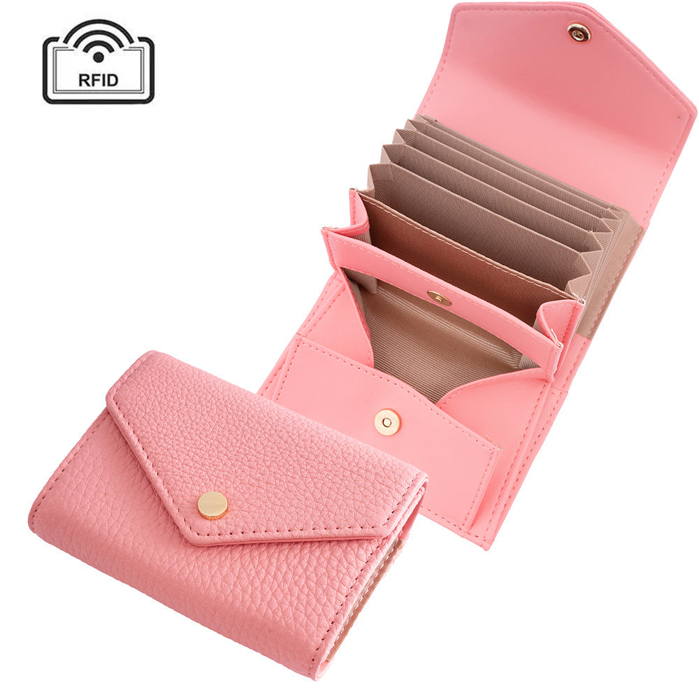 Women's Leather Swiping Multiple Slots Expanding Short Top Layer Cowhide Ladies Wallet