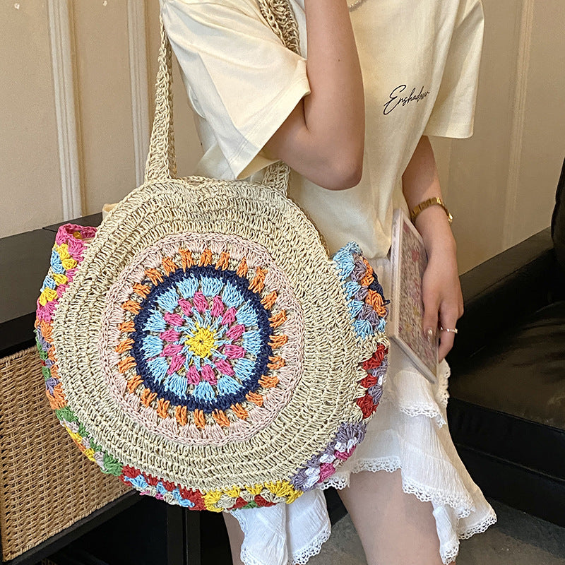 Ethnic Style Round Woven Large Capacity Pastoral Straw Shoulder Bags