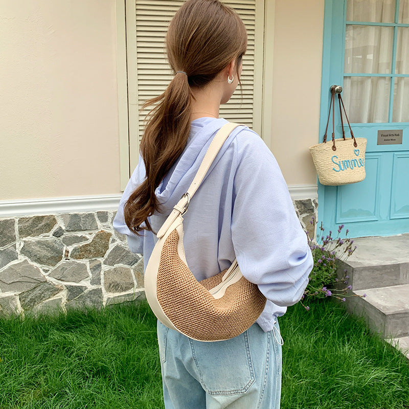 Niche Woven Straw Female Korean Retro Patchwork Selenodont Underarm Bag