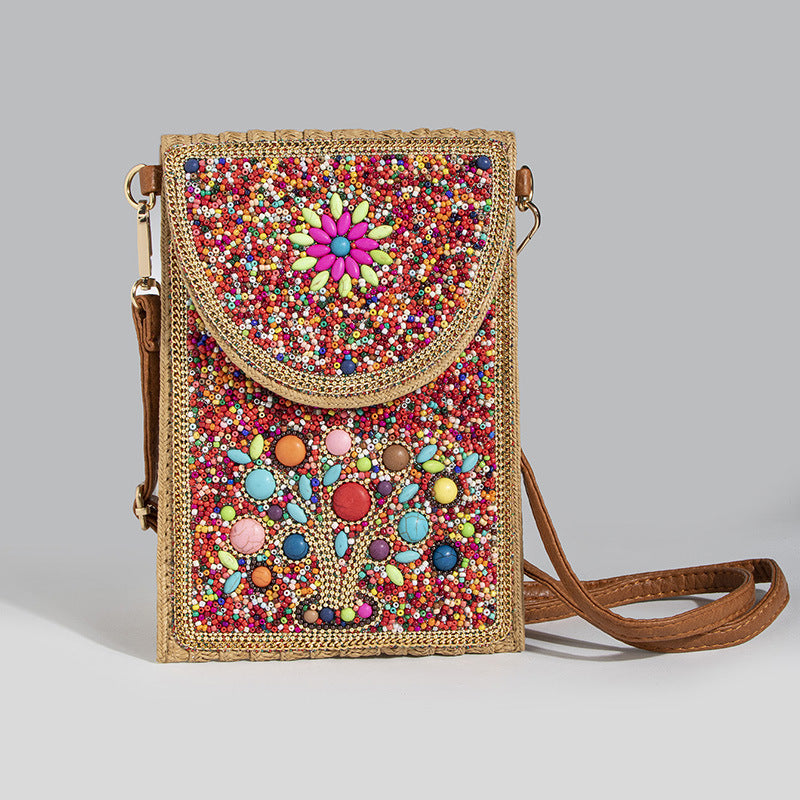 Women's Style Bead Turquoise Pattern Straw Woven Shoulder Bags