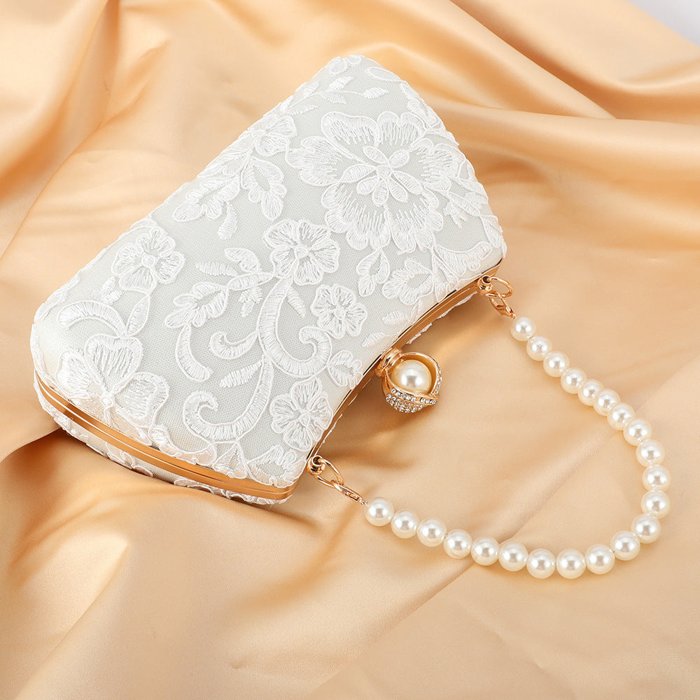 Women's Flower Pure White Sachet Wedding Dress Pearl Dinner Bag