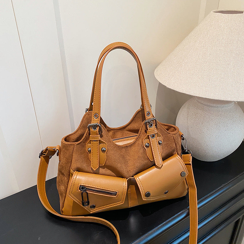 Minority Motorcycle Suede Contrast Color Commuter Western Style Women's Messenger Bag