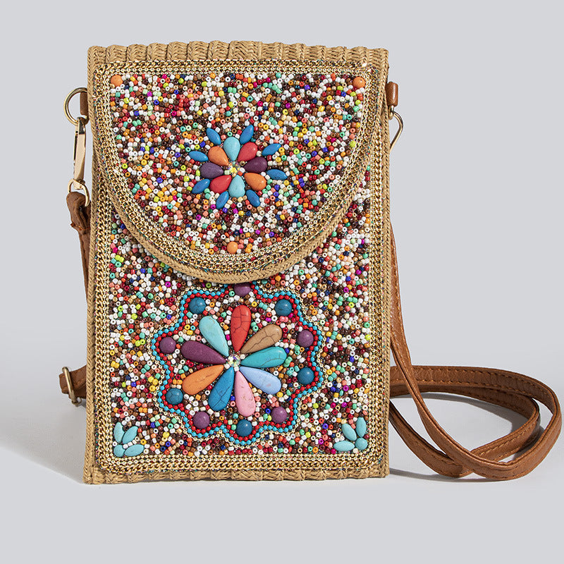Women's Style Bead Turquoise Pattern Straw Woven Shoulder Bags