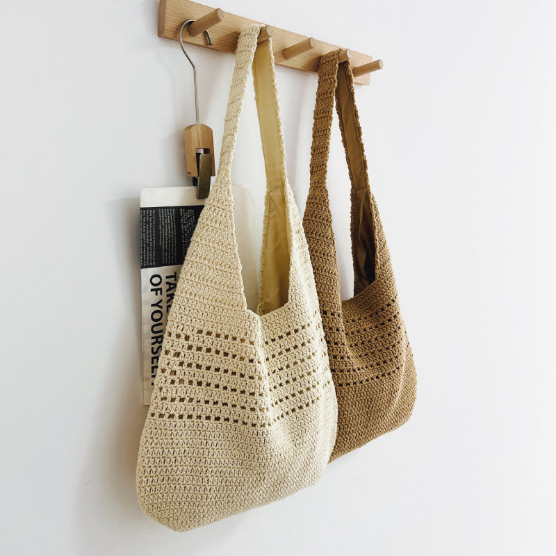 Women's Large Capacity Cotton Thread Woven Hollow Women's Shoulder Bag