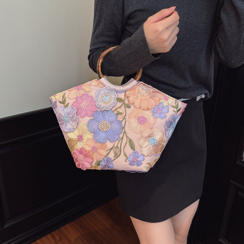 Women's Chinese Style Bamboo Joint Mesh Embroidered Sequins Applique Vacation Hand Tote Bag