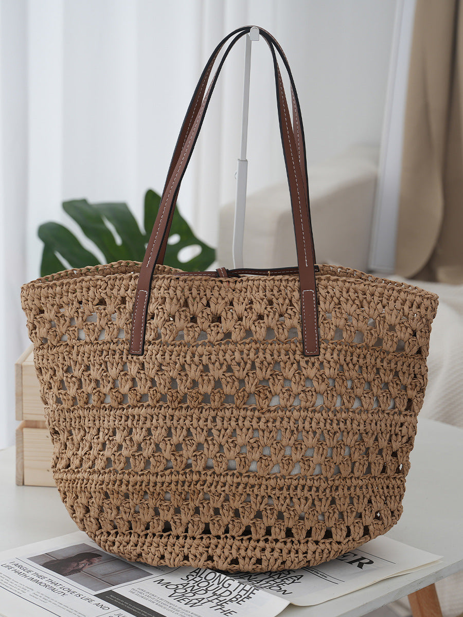 Women's Large Capacity Straw Simple Hollow Woven Vacation Style Women's Handbag