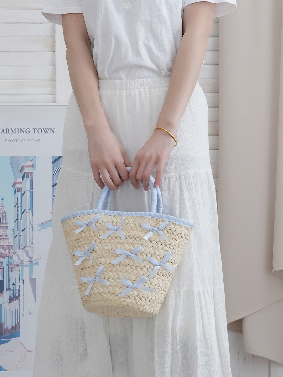 Classic Style Urban Simple Straw Bow Beach Women's Handbag