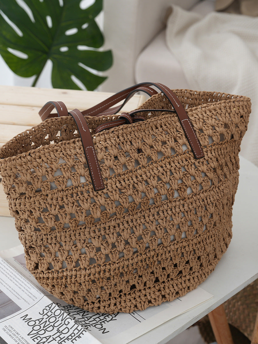 Women's Large Capacity Straw Simple Hollow Woven Vacation Style Women's Handbag