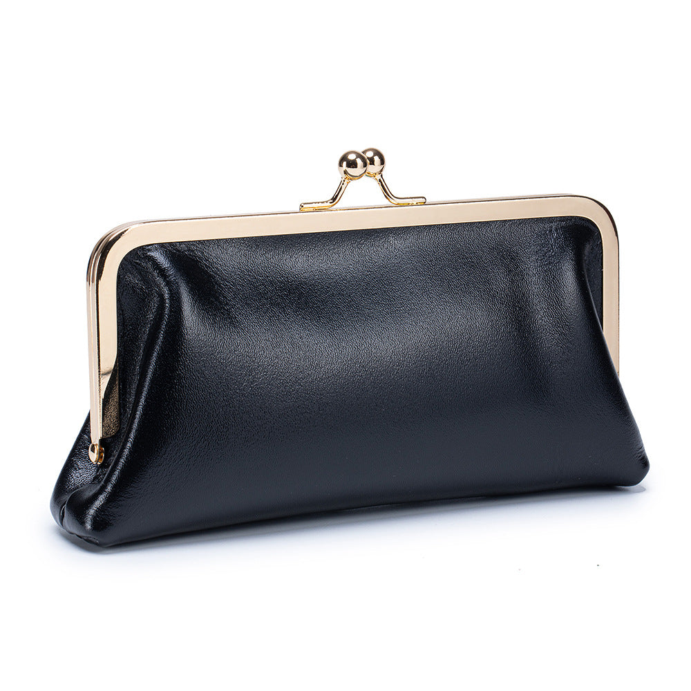 Women's Genuine Leather Retro Clip Long Simple Frame Storage Large Women's Clutch