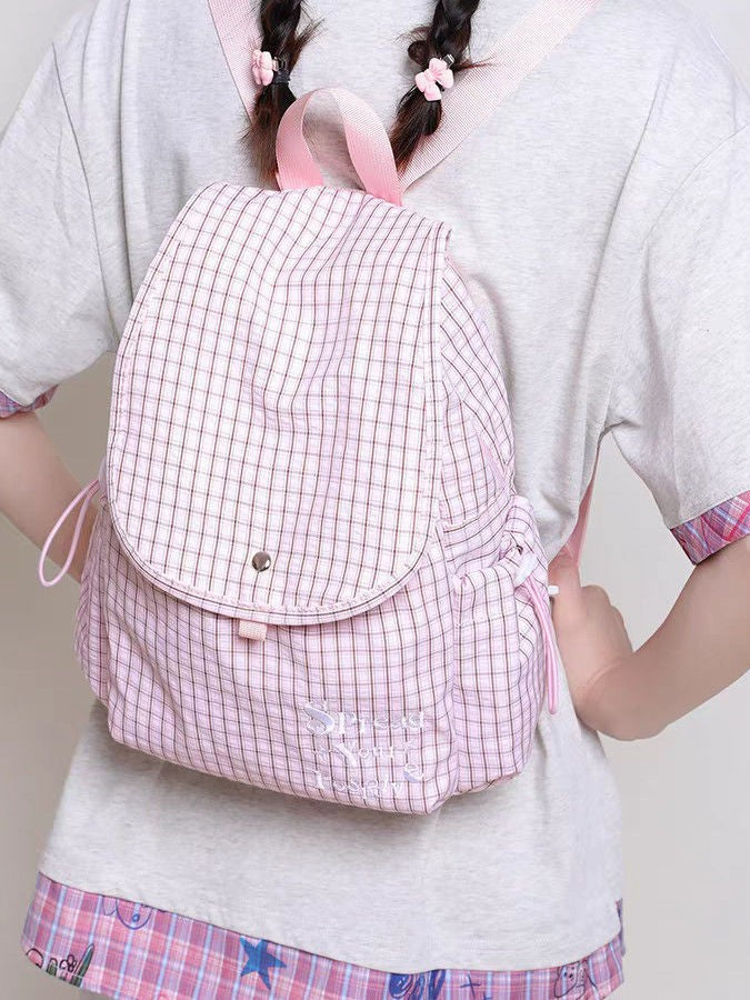Checked Sweet Female College Plaid Canvas Niche Leisure Backpack