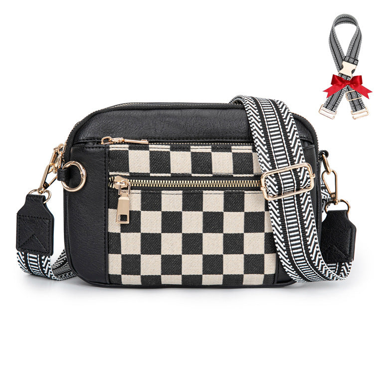 Chessboard Plaid Fashion Retro Double Zipper Women's Shoulder Bag
