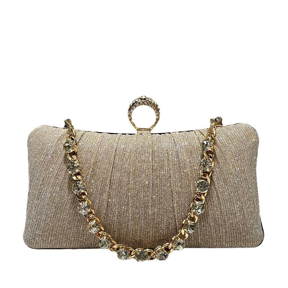 Women's Champagne Shiny Pleated Elegant Gorgeous Rhinestone Chain Clutch Fashion Dinner Bag