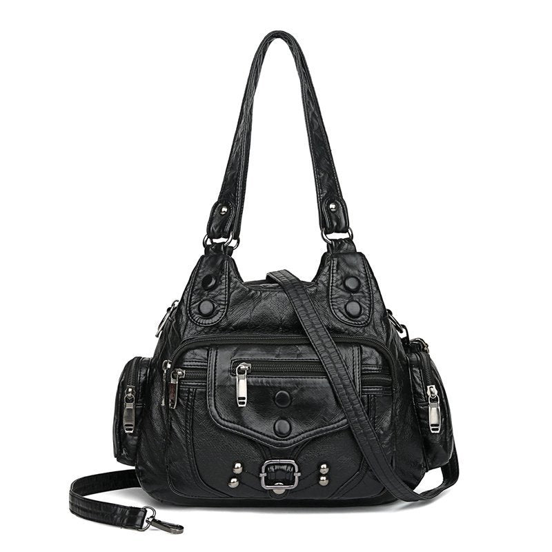 Women's Contrast Color Rivet Washed Leather Portable Soft Women's Shoulder Bag