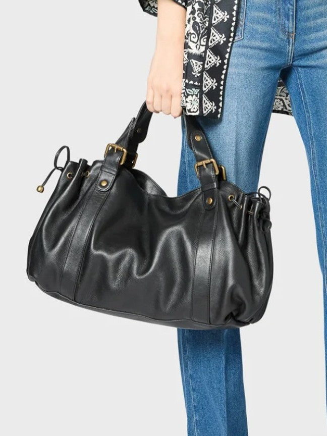 Retro Black Large Capacity Soft Leather Commuter Pleated Drawstring Women's Handbag