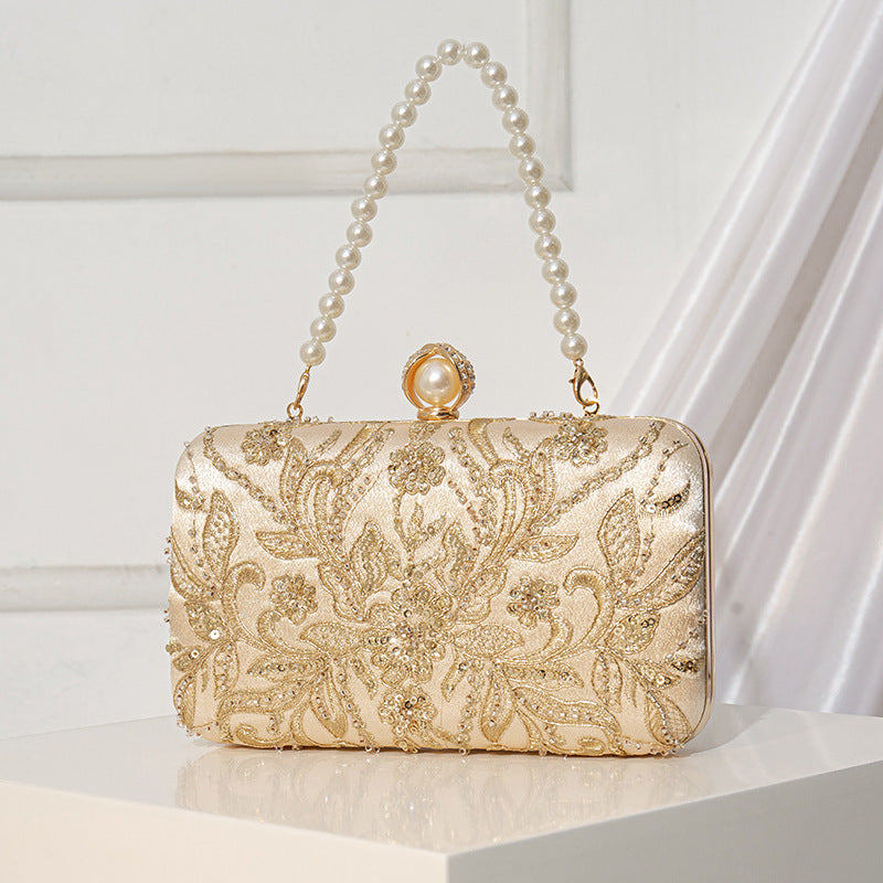 Women's Pearl Embroidery Chinese Style Clutch Bridal Bags