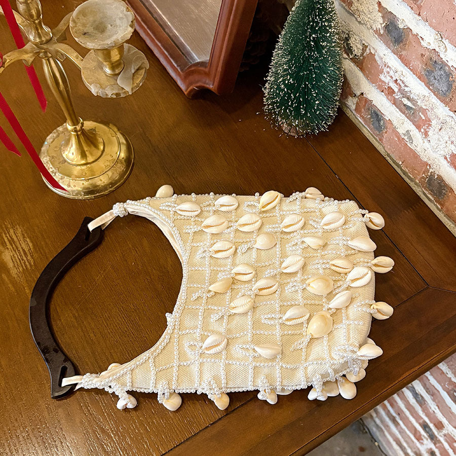 French Style Classic Cloud Shell Beaded Cream Women's Handbag