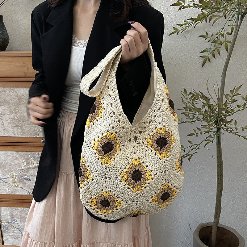 Women's Capacity Flower Cotton Thread Woven Seaside Holiday Korean Version For Bags