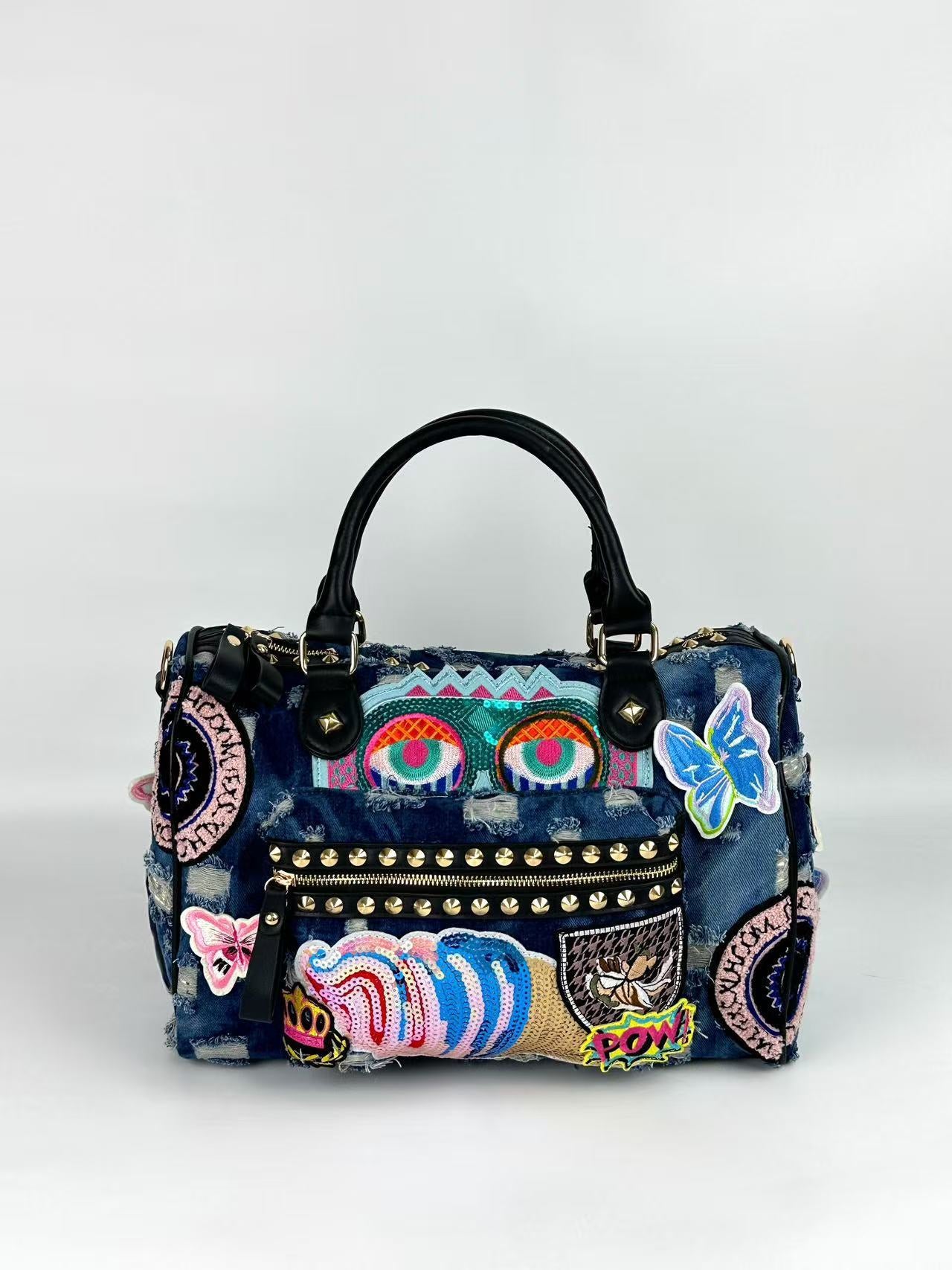 Women's Rivet Badge Embroidered Motorcycle Denim Fashion Korean Style Contrasting Color Women's Handbag