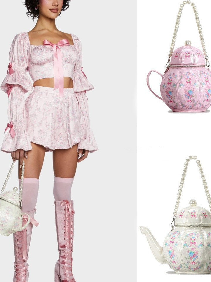Printed Teapot Creative Personalized Hand Sweet Retro Lolita Pearl Handbags
