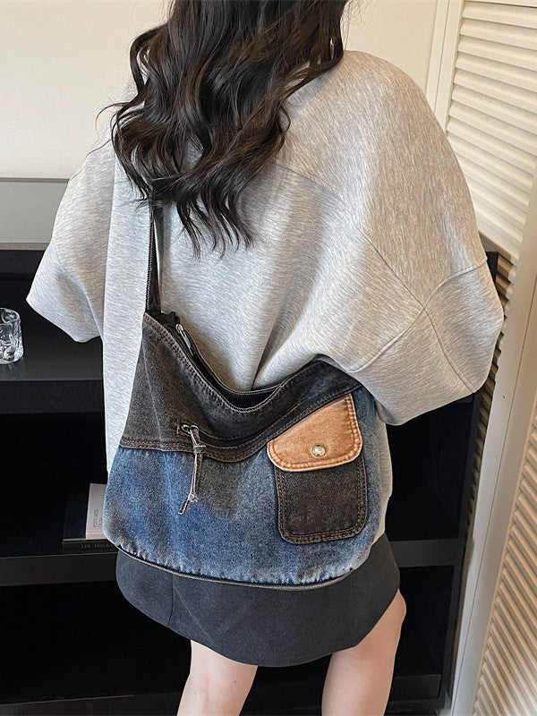 Women's Retro Trendy Washed Denim Fashion Stitching Women's Shoulder Bag