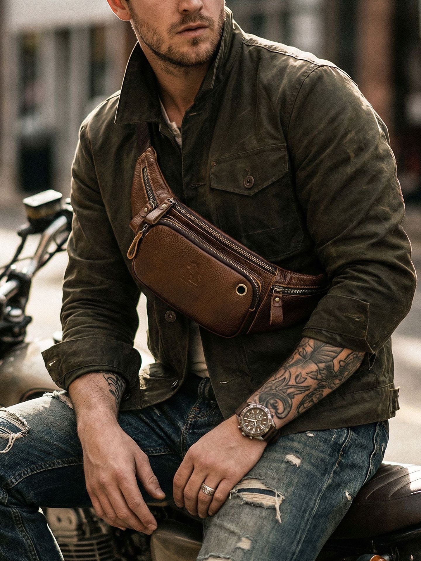 Men's Genuine Leather Cowhide Leisure Style First Men's Chest Bag