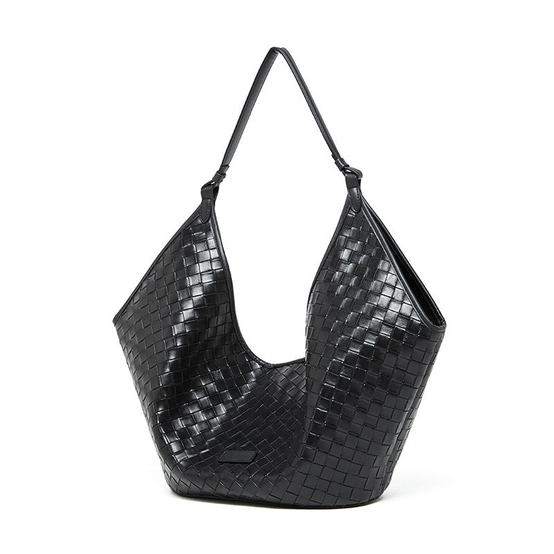 Genuine Leather Large Capacity Female Fashionable Stylish Cowhide Woven Pattern Women's Shoulder Bag
