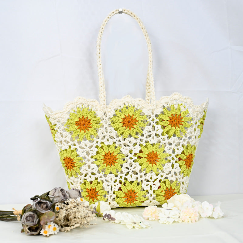 Women's Patchwork Hollow Leisure Vacation Bearded Needle Korean Tote Bags