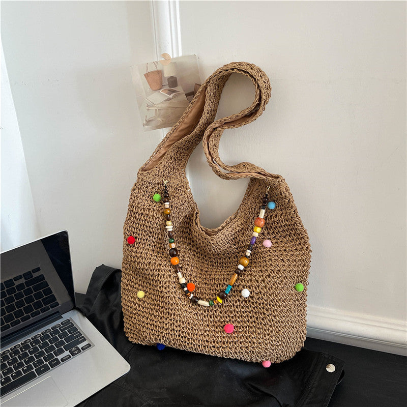 Women's Seaside Holiday Straw Woven Colorful Fur Ball Women's Shoulder Bag