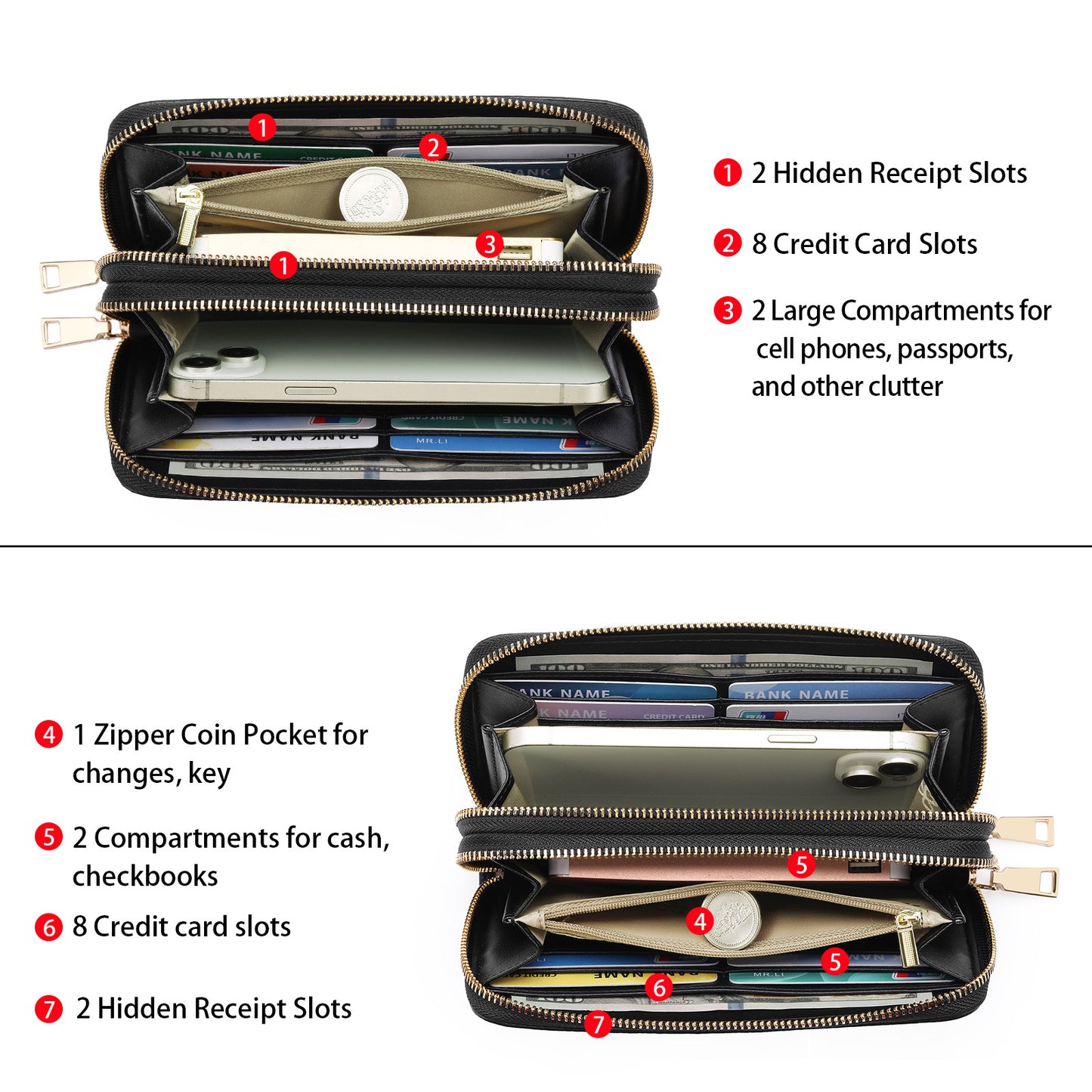 Women's Double Zip Large Capacity Long Top Layer Cowhide Clutch Ladies Wallet