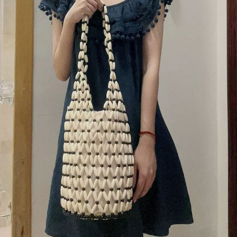 Women's Niche Design Hollow With Wooden Beads Decoration Women's Shoulder Bag