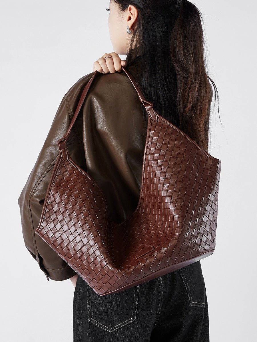Genuine Leather Large Capacity Female Fashionable Stylish Cowhide Woven Pattern Women's Shoulder Bag