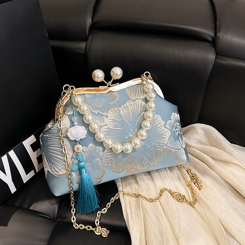Women's Embroidered Flower Dinner Pearl Tassel Chain Small Square Bag