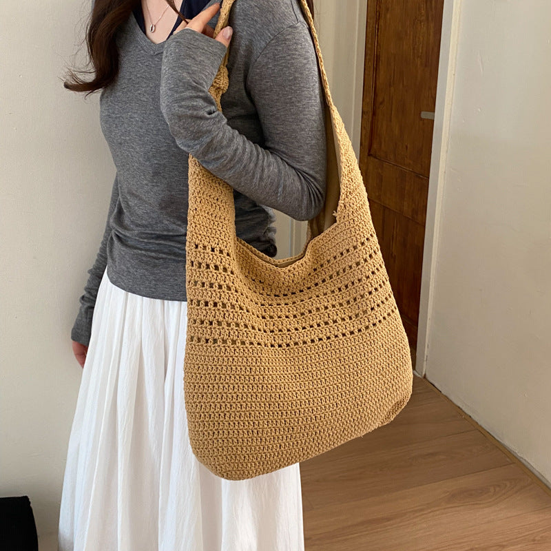 Women's Style Cotton Thread Woven Hollow Large Capacity Tote Bag
