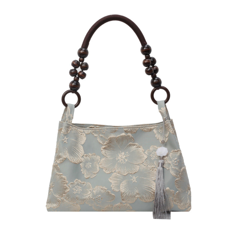 National Style Chinese Retro Embroidery Wooden Bead Western Women's Shoulder Bag