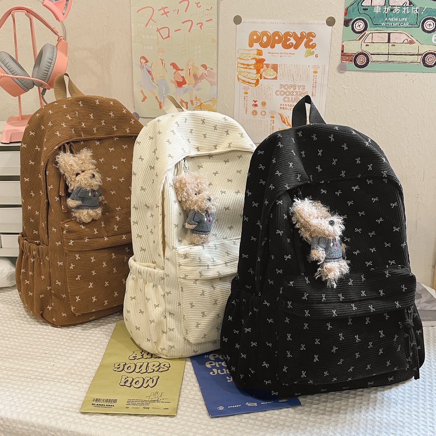 Corduroy Bowknot Large Capacity Female For College Student Schoolbag