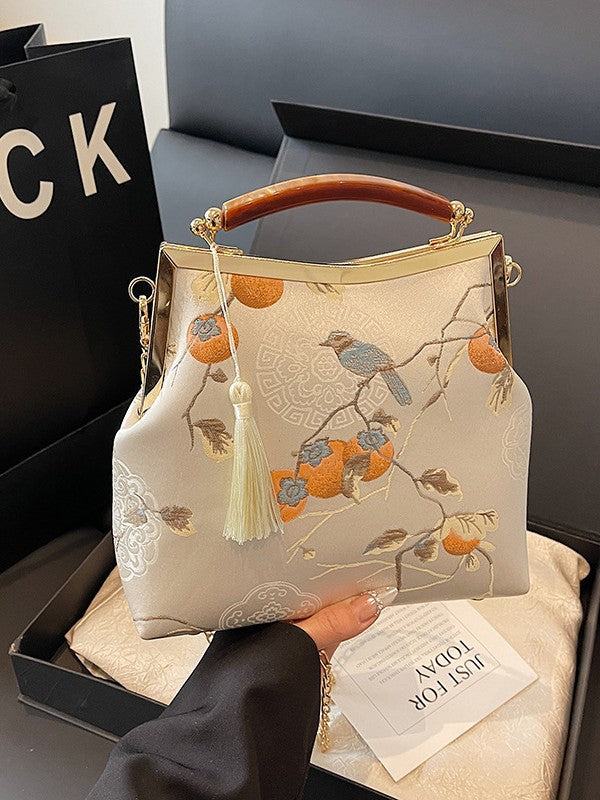 Chinese Style Silk Persimmon Bird Jacquard Bags