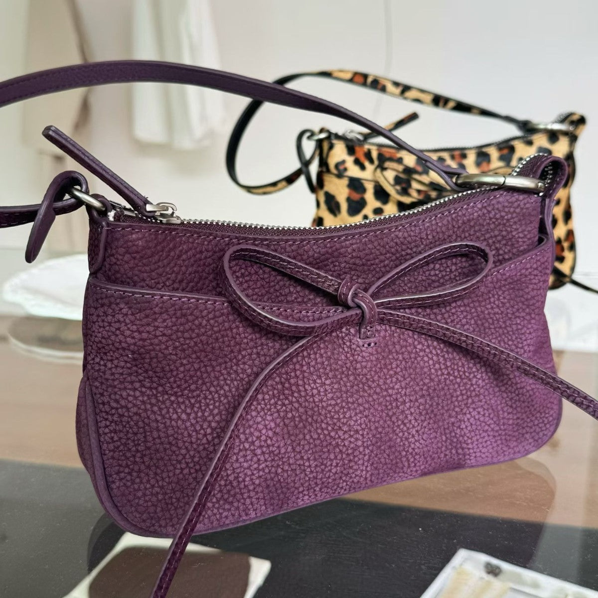 Spring Bow Top Layer Cowhide Underarm Leopard Print Horse Fur Small Square Bags