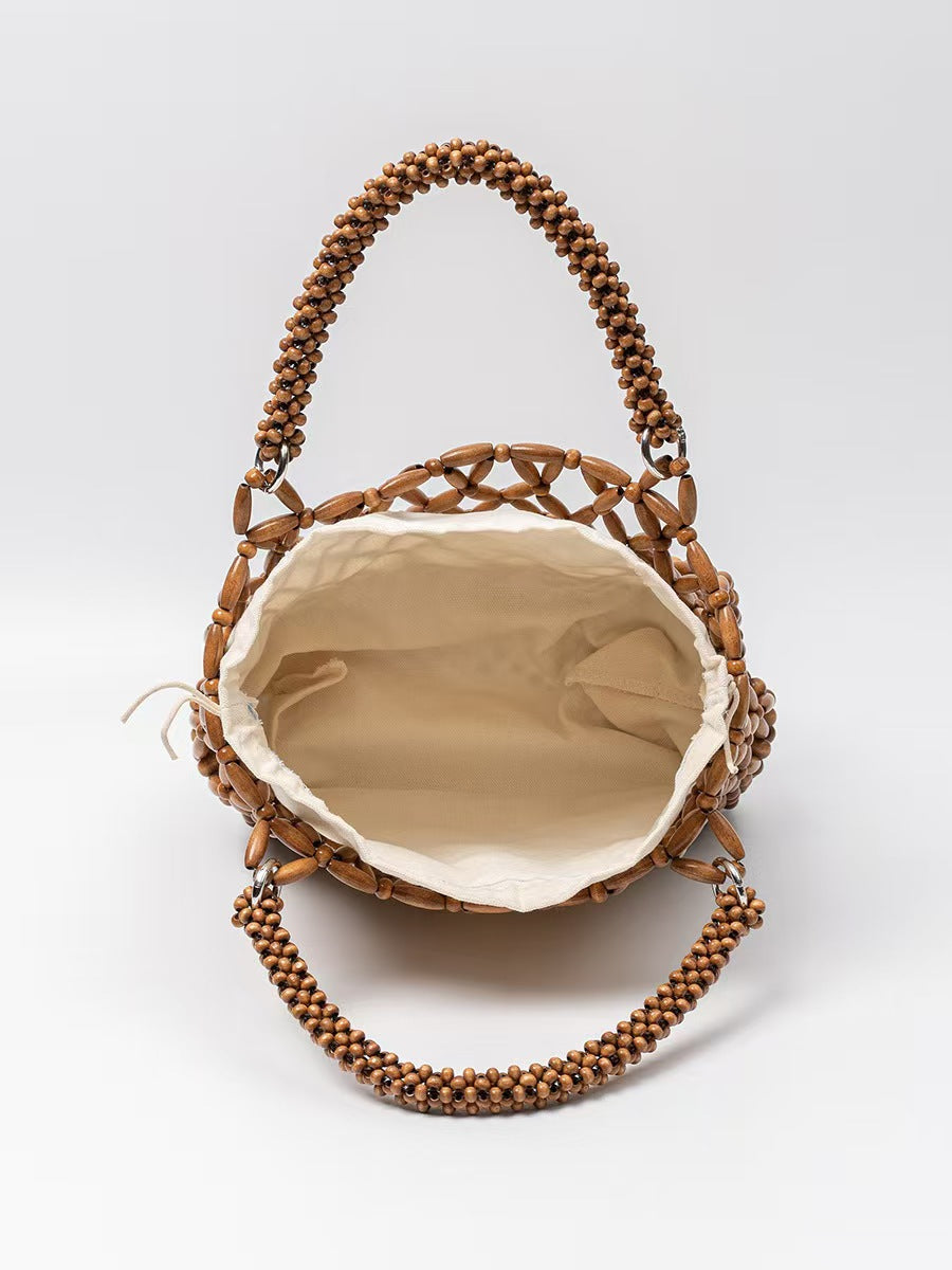 Handmade Wooden Bead Woven Hollow Retro Vacation Style Female Shoulder Bags