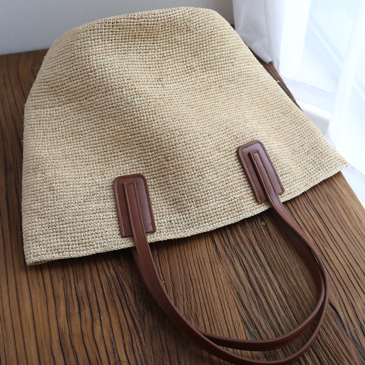 Women's Real Cow Natural Raffia Hand Crocheting Straw Seaside Vacation Style Bags