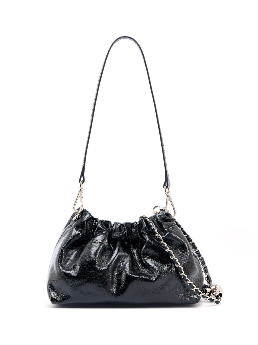 Balls Chain Pleated Cloud Portable Underarm Black Leather Design Sense Women's Messenger Bag
