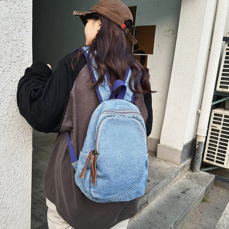 Women's & Men's Retro Denim Large Capacity Simple Camp College Student Schoolbag